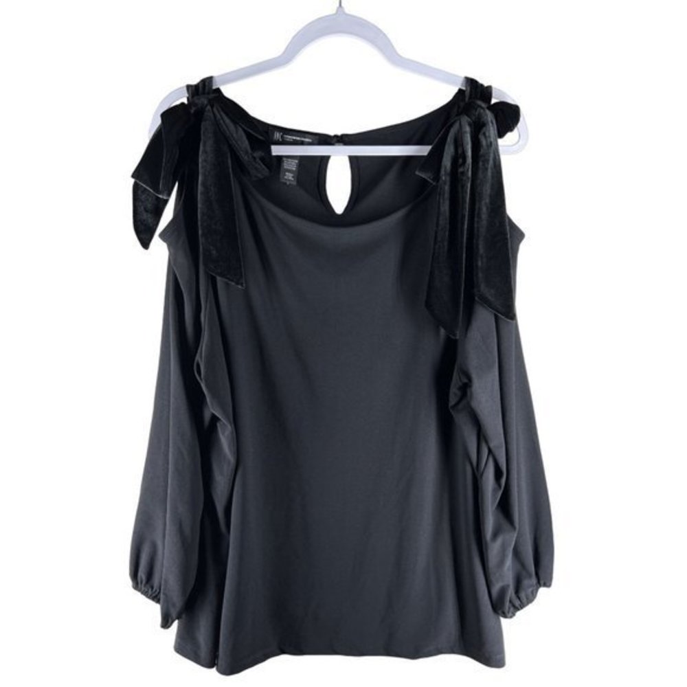 INC Womens Tops Size 3X Black Stretch Jersey Knit Velvet Bow Cold Should…